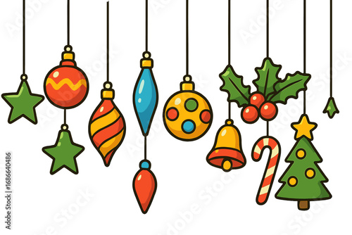Set of hanging Christmas ornaments. Festive holiday decoration border with baubles, stars, bell, candy cane, and tree. Vector cartoon illustration isolated on white background.