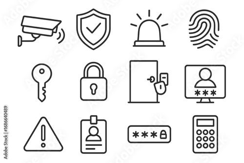 Security access control vector line icon set. Concept of protection, safety, monitoring, and surveillance. Symbols for password, cctv, fingerprint, alarm, id card, and biometrics.