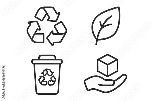 Recycling symbol icon set. Eco-friendly waste management icons. Outline style vector. Leaf, trash bin, package care. Ecology, environment, conservation and sustainability.