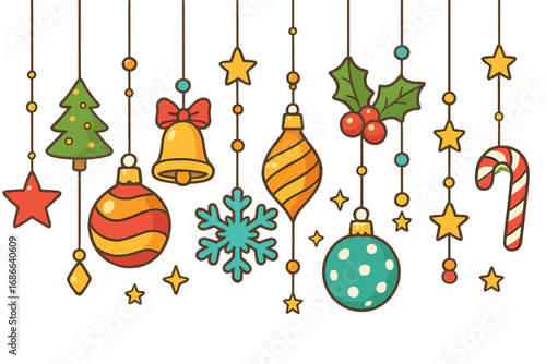 Hanging Christmas ornaments border. Festive holiday decoration set. Vector cartoon illustration with tree, bell, snowflake, star, candy cane, and bauble. Xmas garland elements.