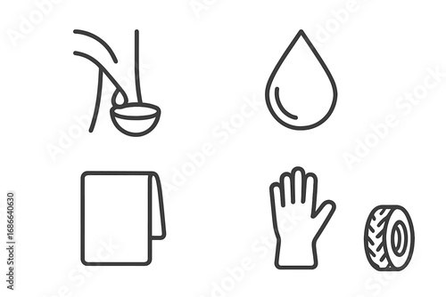 Natural Rubber Icons Set, Outline Vector Graphic of Rubber Tree Sap, Latex Drop, Rubber Sheet, Glove, Tire, Organic Rubber Materials, Eco-Friendly, Industrial Products