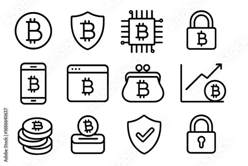 Cryptocurrency and bitcoin outline icon set for security and financial technology. Vector icons for digital currency, blockchain, investment, secure payment, and mobile banking.