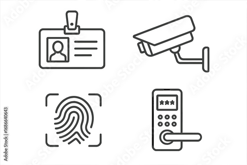Security and access control system line icon set. Features ID card, CCTV camera, fingerprint scanner, and keypad lock. Concepts of identification, surveillance, biometrics.