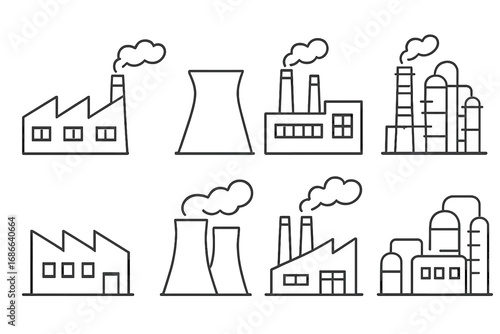 Various factory and industrial building outlines in simple monochrome style, showcasing diverse shapes and structures, vector cartoon illustration set