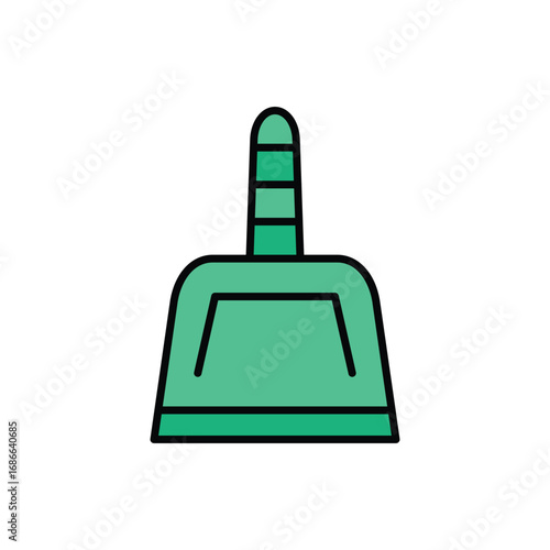 A green dustpan icon with a black outline The handle has three horizontal lines. Editable stroke. Icon vector illustration