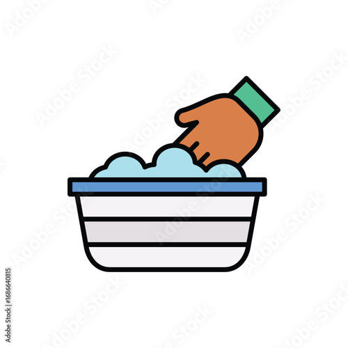 A hand dips into a washbasin with soap bubbles The hand has a green cuff The basin is striped. Editable stroke. Icon vector illustration