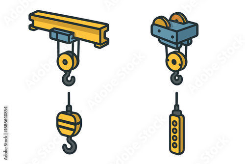Isometric Overhead Crane Icons Set with Bridge Girder, Hoist Trolley, Hook Block, and Control Pendant Flat Vector Illustration for Industrial Equipment Safety and Operation