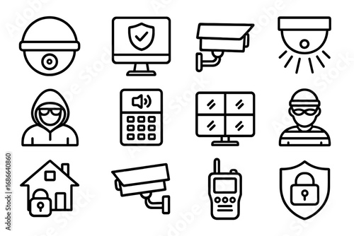 Home security and business surveillance vector icon set. Thin line pictograms of CCTV camera, alarm system, burglar, monitor, and property protection for web and mobile design.