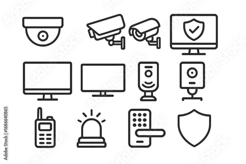 Security system line icon set. Surveillance, safety and protection concepts. Vector icons of CCTV camera, alarm, smart lock, access control. Home security equipment.