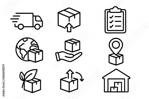 Shipping and delivery outline icon set. Vector symbols for logistics, supply chain, cargo transport, and e-commerce. Includes fast truck, package tracking, and eco shipping.