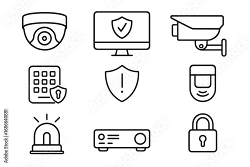 Security and surveillance line icon set. Vector collection of safety equipment symbols like cctv camera, monitor, alarm system, keypad, motion sensor, alert and padlock.