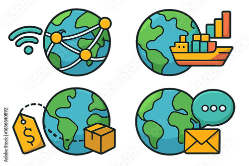 Set of global business icons for worldwide trade, logistics, and digital communication. Vector cartoon collection with globe, ship, package, wifi network, and message symbols.