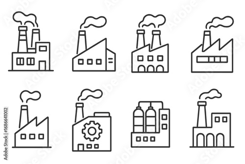 Various industrial factory icons representing manufacturing plants, production facilities, and heavy industry in simple line art style, vector cartoon illustrations with transparent backgrounds