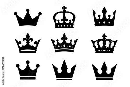 Royal crown silhouette icon set, regal king and queen symbols, elegant monarchy vector collection, classic crown shapes, royal emblem illustrations, transparent background