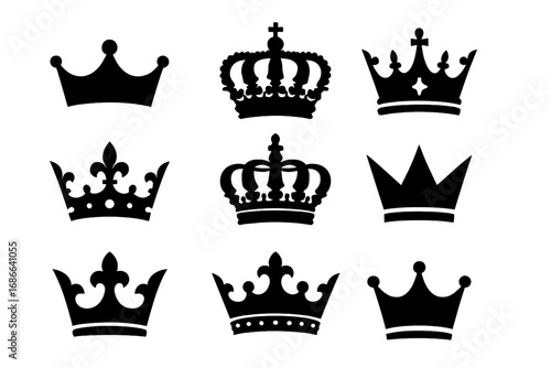 Royal Crown Silhouette Icon Set, Regal King and Queen Symbols Collection, Vector Cartoon Illustration with Transparent Background, Ordered Crown Designs for Graphic and Logo Use