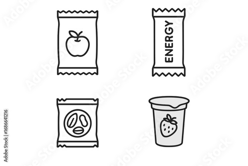 Snack packaging line icon set. Healthy energy snacks vector collection. Includes fruit pouch, energy bar, trail mix bag, and yogurt cup. Food package outline illustration.