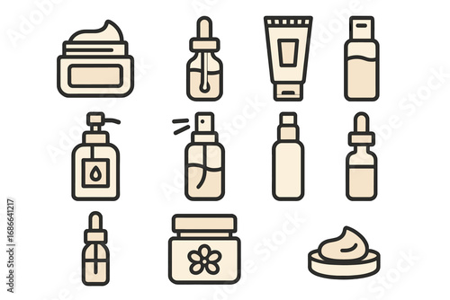 Skincare and beauty line icon set. Vector illustration of cosmetic products like cream, serum, lotion, and oil. Outline icons for dermatology, spa, and beauty routine concepts.