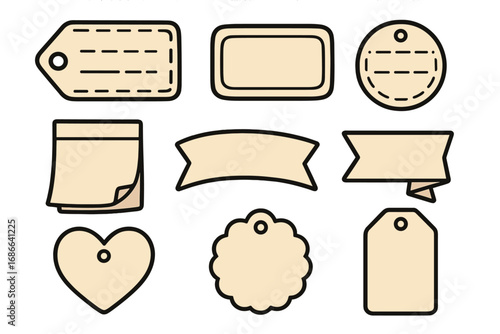 Various tags and labels vector set in simple cartoon style for organization, decoration, branding, stationery and craft projects with transparent background. Ordered collection.