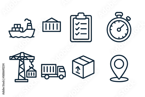Shipping and logistics icon set with maritime and container symbols in outline style, vector cartoon illustration with transparent background, ordered set of transport and delivery icons