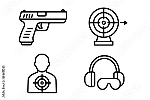Shooting Range Icon Set, Firearm and Target Practice, Safety Equipment Symbols, Vector Cartoon Illustration, Gun, Target, Person Target, Ear Protection, Transparent Background