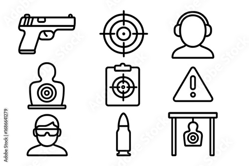 Shooting range line icon set with firearm, target practice, safety symbols, bullet, ear protection, and silhouette targets, vector cartoon illustration with transparent background, ordered collection