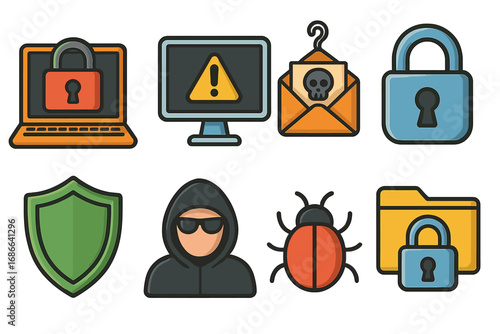 Cybersecurity icon set. Vector illustration of internet security, virus, hacker, malware, phishing, data protection, privacy, alert, shield, and padlock. Cartoon style icons.