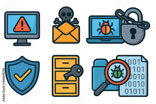 Cybersecurity icon set. Vector illustration of digital threats and protection. Includes virus, malware, hacking, data privacy, and internet security concepts. Cartoon style.