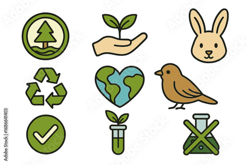 Vector icon set for ecology and environmental awareness. Cruelty-free and no animal testing symbols. Green science, recycling, and nature conservation concepts. Earth Day.
