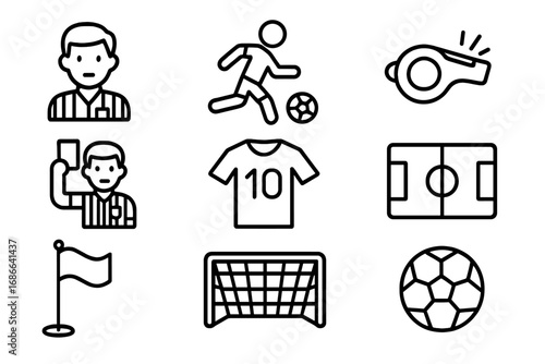 Soccer and Sports Outline Icon Set with Referee, Player, Whistle, Jersey, Field, Goal, and Flag – Vector Cartoon Collection with Transparent Background, Ordered Set 3