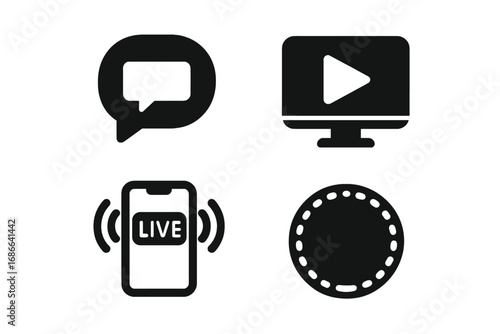 Platform features icons set with solid filled style, including direct messaging, video upload, live streaming, and story highlights concept, digital communication symbols vector