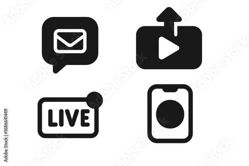 Platform Features Icons Solid Filled Vector Set with Direct Messaging, Video Upload, Live Streaming, and Story Interface Cartoon Illustration for Digital Platforms