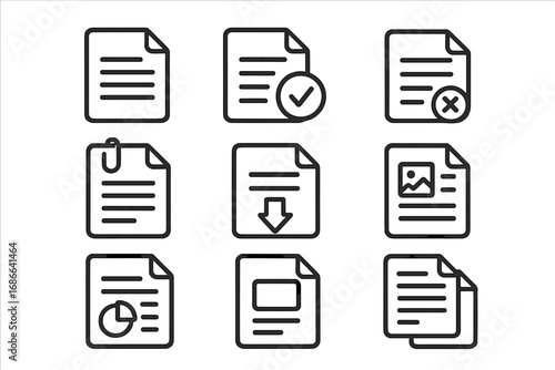 Document line icon set. File and report symbols collection. Checkmark, approved, reject, download, attach, data chart and image. Simple outline vector signs for web and app.