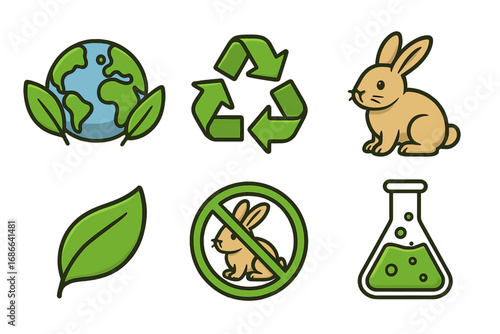 Set of eco friendly icons. Cruelty free and not tested on animals symbol. Recycle, nature, and science concepts. Vegan, bio, and organic product labels. Vector illustration.