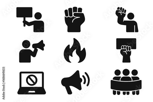 Protest and Activism Icons Set, Solid Filled Advocacy and Demonstration Symbols, Vector Cartoon Illustration with Transparent Background, Ordered Set of Social Justice and Human Rights Signs