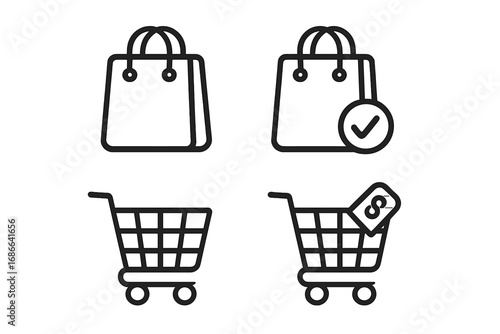 Shopping bag vector icons set, package shopper icons, purchase symbols collection, black outline shopping bags and carts, transparent background, ecommerce and retail illustration