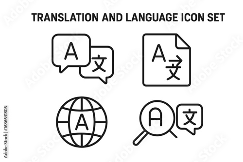 Translation and language line icon set. Multilingual communication outline collection. Vector icons for translator app, document translation, global communication, and dictionary.