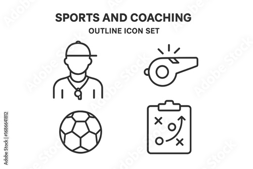 Sports and Coaching Outline Icon Set with Training Whistle, Soccer Ball, Coach, and Strategy Clipboard, Vector Cartoon Illustration Transparent Background, Linear Symbols