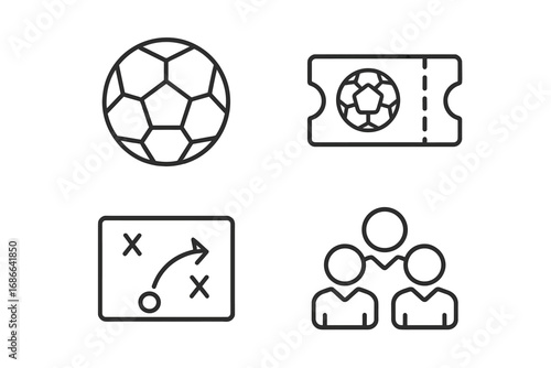 Sports event linear icon set with soccer ball, ticket, strategy board, and team members in stylish line art vector illustration, transparent background, organized icon set for sports design
