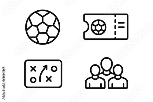 Linear Sports Event Icon Set with Soccer Ball, Ticket, Strategy Chart, and Team Figures in Clean Vector Style, Cartoon Illustration with Transparent Background, Ordered Set 2