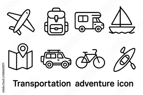 Transportation adventure icon set. Line art symbols for travel and recreation. Vector collection with airplane, backpack, rv, sailboat, map, car, bicycle, and kayak icons.