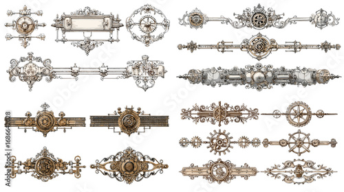 Illustration set of ornamental vintage dividers with gears and filigree, suitable for steampunk, decorative, and retro design projects.