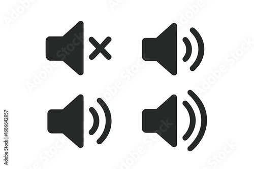 Sound volume icon set, audio speaker symbols, isolated black vector icons, media and music sound control buttons, cartoon style audio volume wave graphics, digital multimedia interface