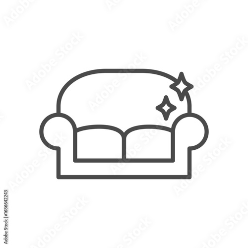 A line drawing of a couch with two cushions armrests and two sparkles above it. Editable stroke. Icon vector illustration