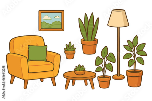Cozy living room furniture set. Interior design elements collection with armchair, lamp, table, and houseplants. Home decor vector cartoon illustration. Isolated objects.