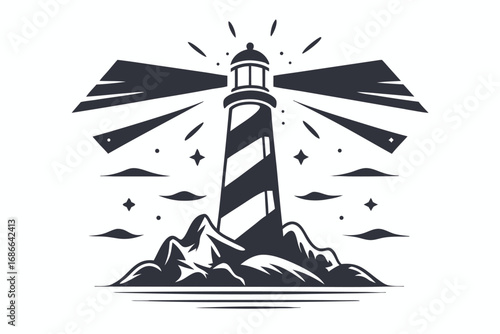 Silhouette of Striped Lighthouse on Rock with Light Beams