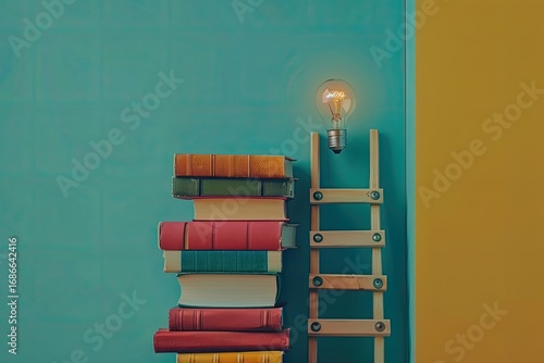 Cascade of Colourful Books Connected by Ladders Light Bulb on Top as Symbol of Ideas or Invention
