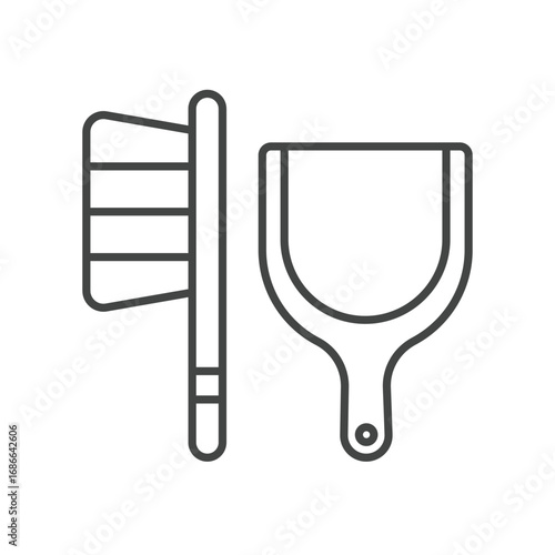 A linear drawing shows a brush and a dustpan positioned next to each other. Editable stroke. Icon vector illustration