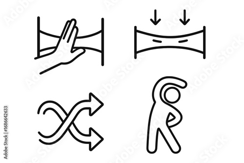 Elasticity and flexibility line icon set. Concepts of resilience, pressure, and force. Push and stretch symbols. Adaptability and resistance vector collection infographic.