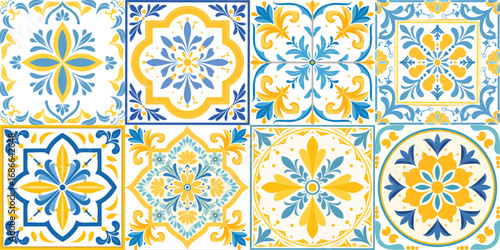 Yellow blue tiles azulejo set vector illustration. Italian majolica seamless pattern for fabric and wallpaper. Mediterranean print