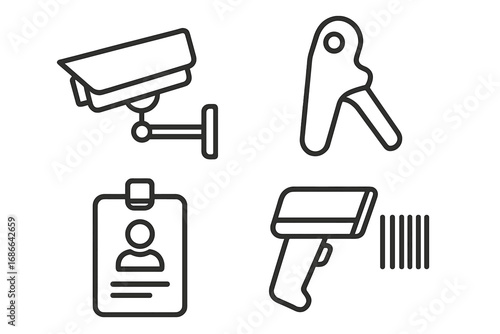Security Icon Set Outline with Surveillance Camera Security Tag Remover Badge Scanner Vector Cartoon Illustration for Loss Prevention and Access Control